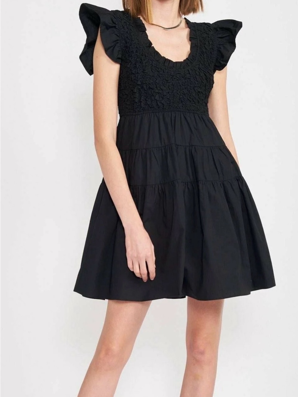 En Saison Black Smocked Bodice Mini Dress with Flutter Sleeves